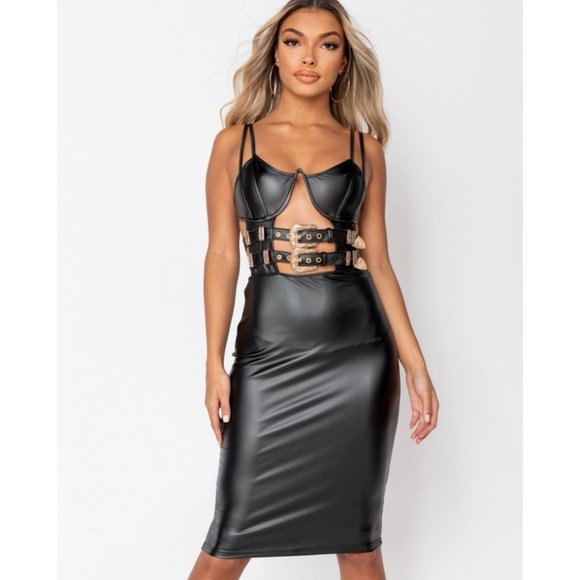Vegan Leather Sleeveless Cutout Bodycon Midi Dress - Picture 3 of 8
